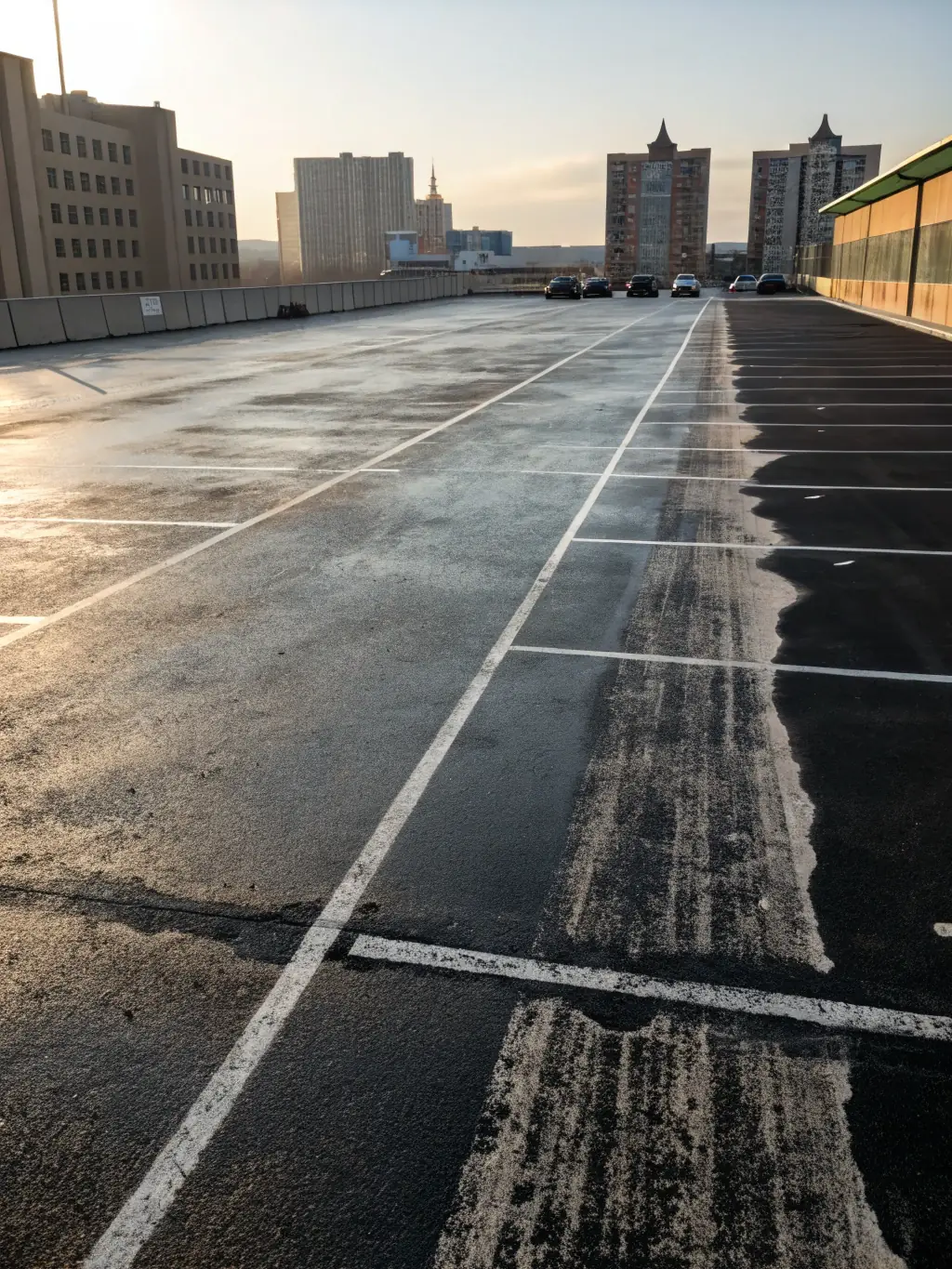 An image of a parking lot undergoing crack filling and patching, showing before and after results. The image is used to showcase the Parking Lot Repair service offered by Lone Star Surface Solutions.