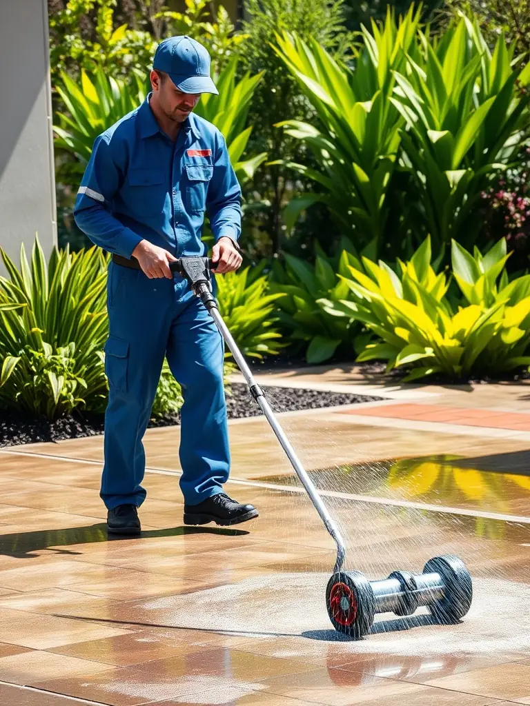 A high-resolution image showing a technician power washing a concrete driveway with a powerful spray, revealing a clean surface. The image is used to showcase the Pressure Washing service offered by Lone Star Surface Solutions.