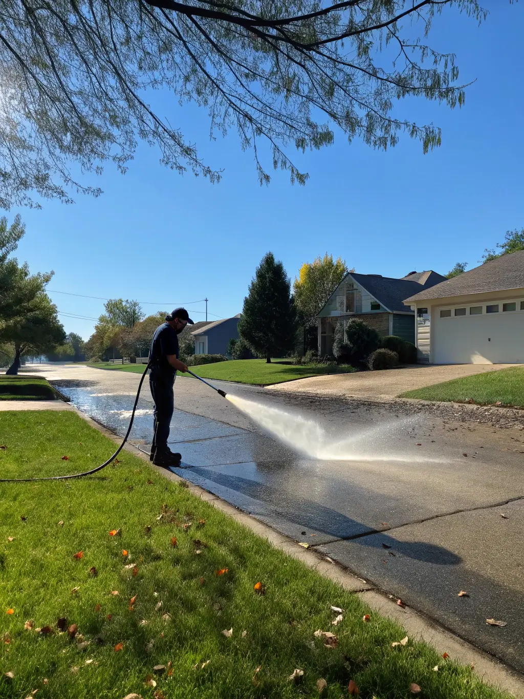 A high-pressure water stream cleaning a heavily soiled concrete driveway, removing dirt and grime, showcasing the effectiveness of pressure washing.