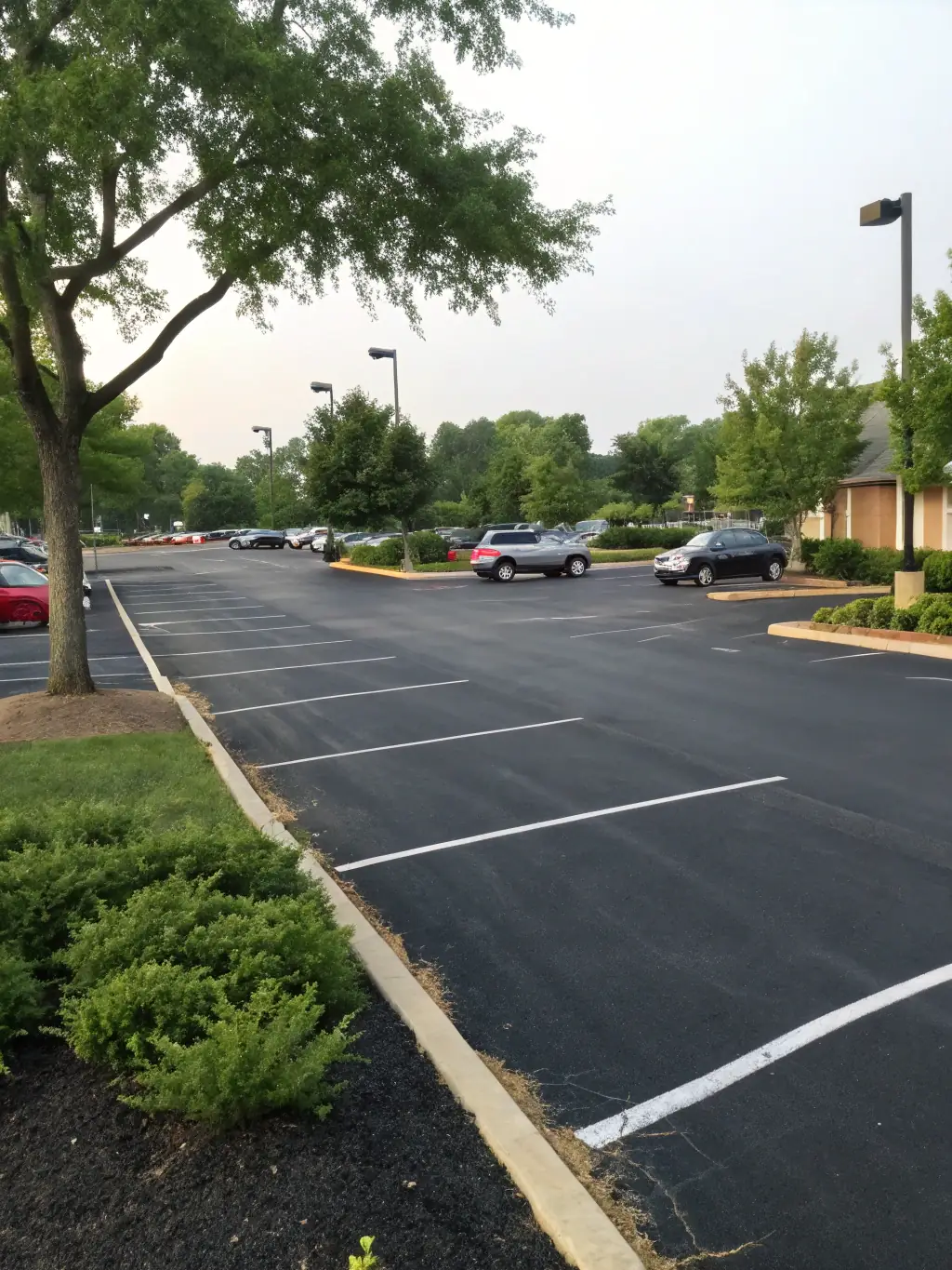 A photo showing freshly sealed and striped parking lot with crisp lines and smooth asphalt surface. The image is used to showcase the Asphalt Seal Coating & Line Striping service offered by Lone Star Surface Solutions.