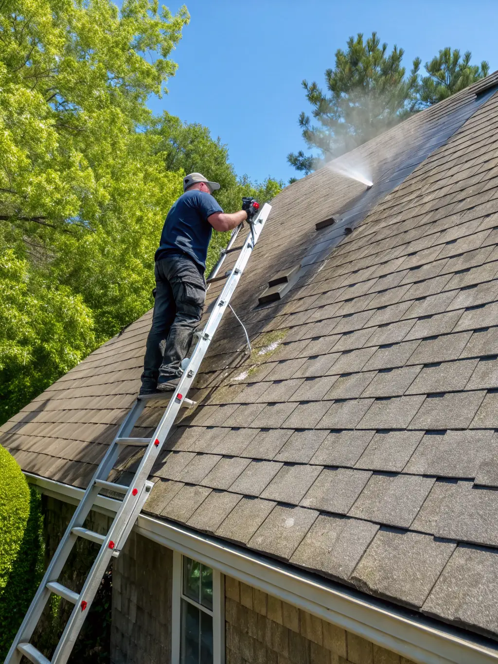 An image of a technician applying soft wash solution to a residential roof, with visible clean and dirty areas for comparison. The image is used to showcase the Soft Wash service offered by Lone Star Surface Solutions.