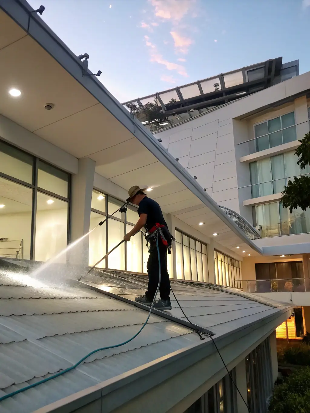 A soft wash being applied to a delicate roof, gently removing algae and moss without causing damage, highlighting the safety of the method.